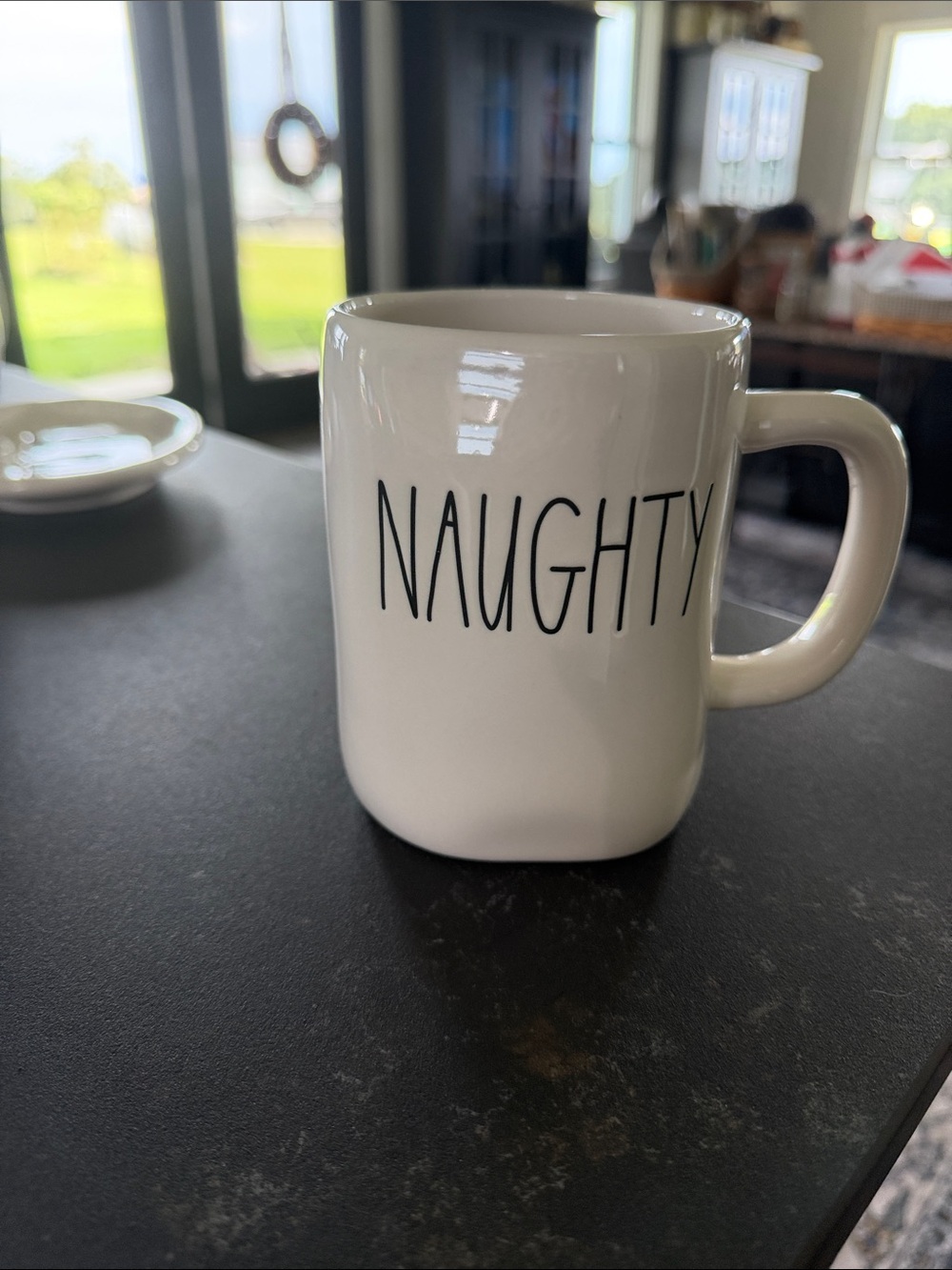Rae Dunn 'Naughty' White Ceramic Mug with Black Lettering